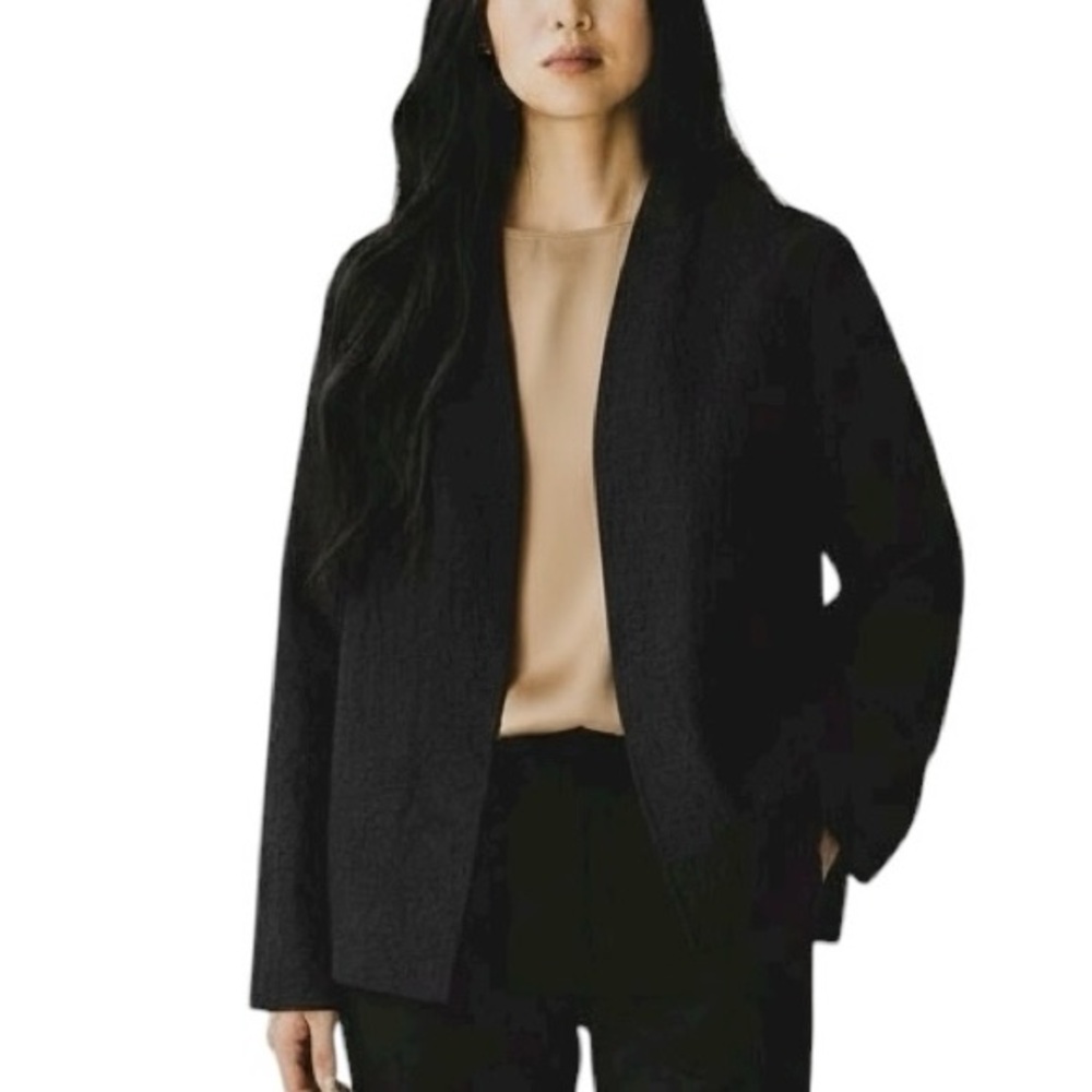 Eileen Fisher Black Silk Embroidered Open Jacket w/ Shawl Collar, Pockets - PS